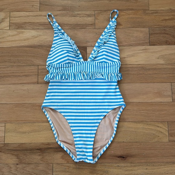J. Crew | Ruffle | Plunging One-Piece Swimsuit | Light Blue Striped | size 2 - Picture 4 of 8